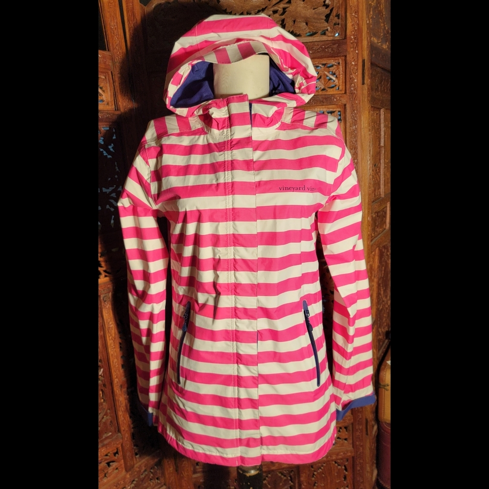 Vineyard Vines Magenta Pink and White Striped Raincoat, Size XXS